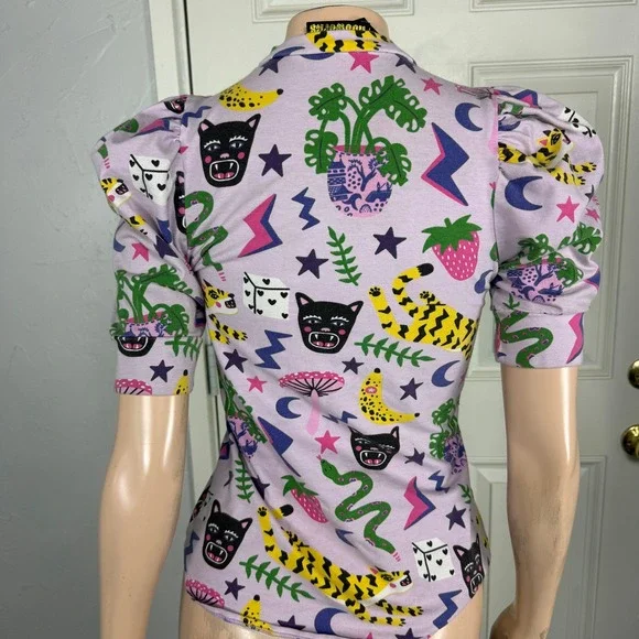 Vintage Nooworks Shirt XS Tee Floral Hastings Print Cotton Mushroom Puff top E3 - Picture 4 of 6